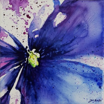 Aquarellbild eines Stiefmütterchens in kontrastreichen Blautönen